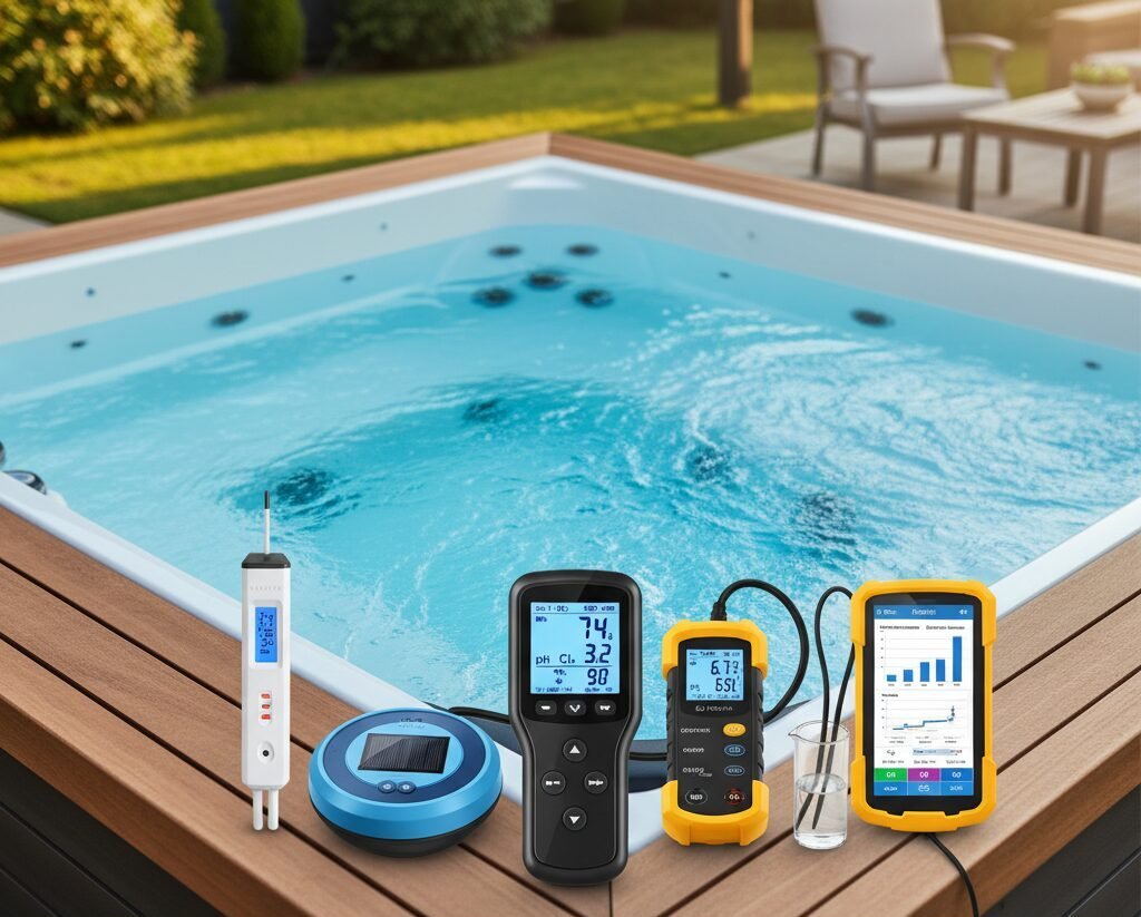 A handheld digital water tester displaying a reading, held over the clear blue water of a hot tub.