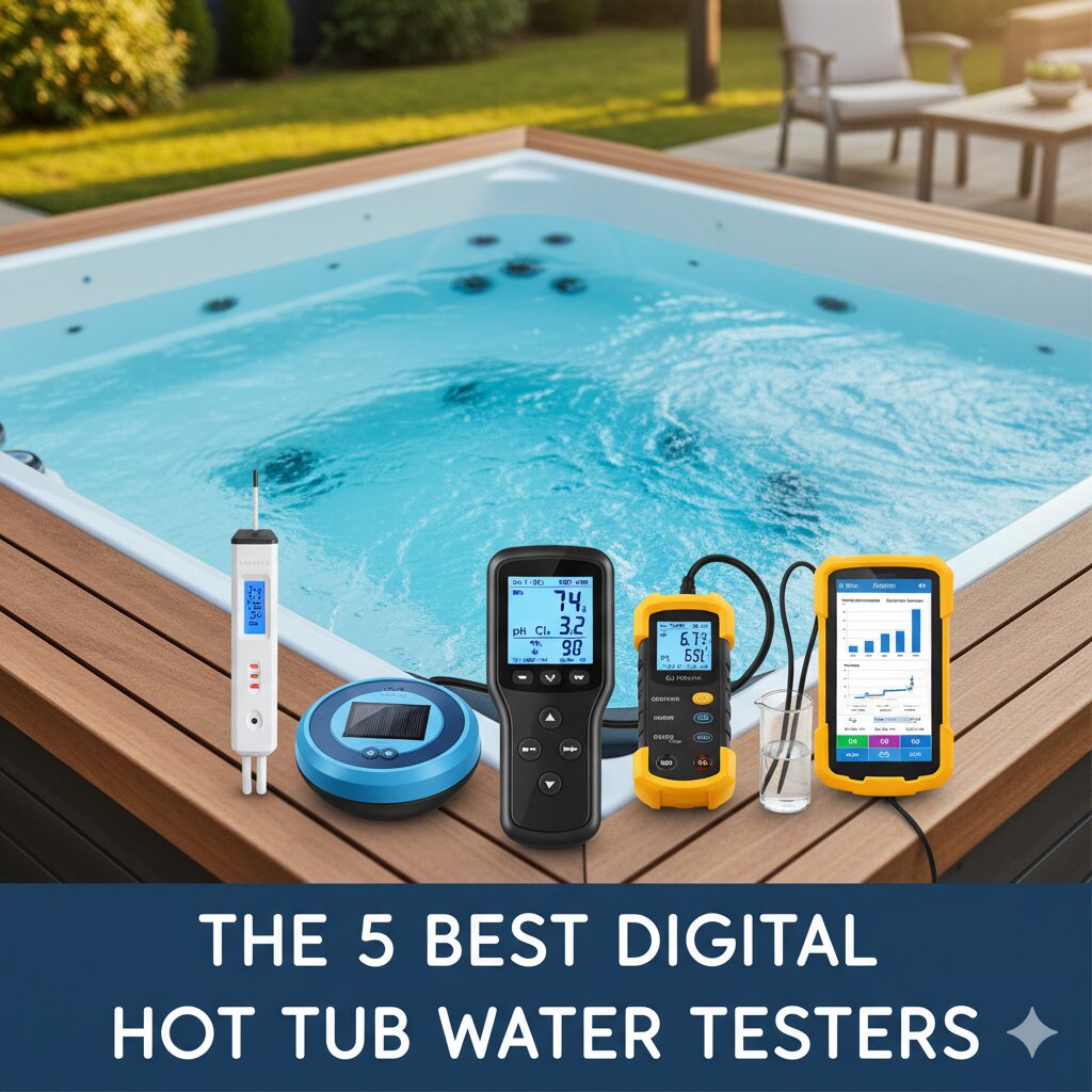 A handheld digital water tester displaying a reading, held over the clear blue water of a hot tub.