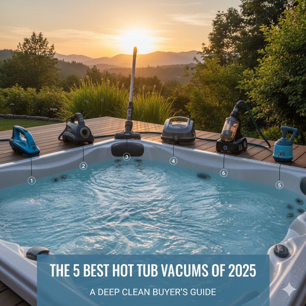 A person using a handheld vacuum to clean the footwell of a sparkling clean inflatable hot tub.