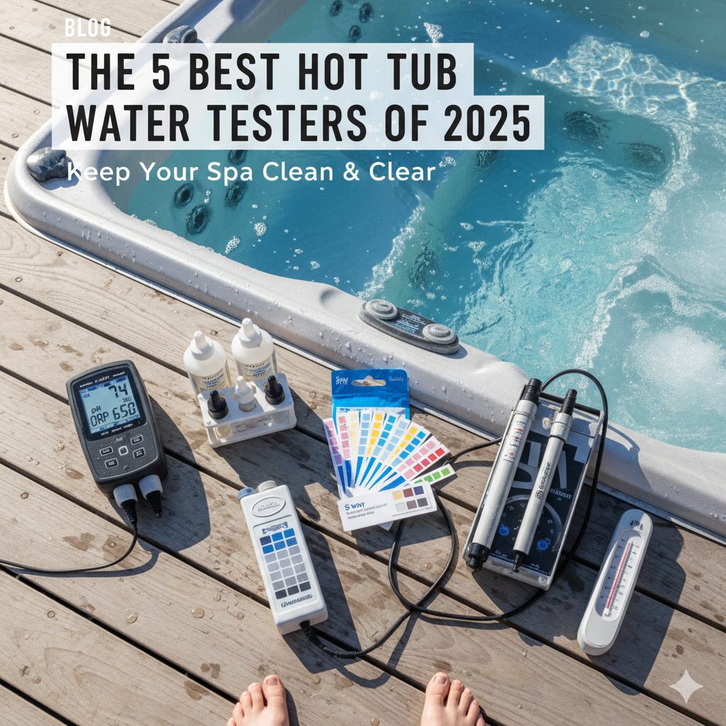 A person holding a water test strip up to the color chart on the bottle, with a clean hot tub in the background.