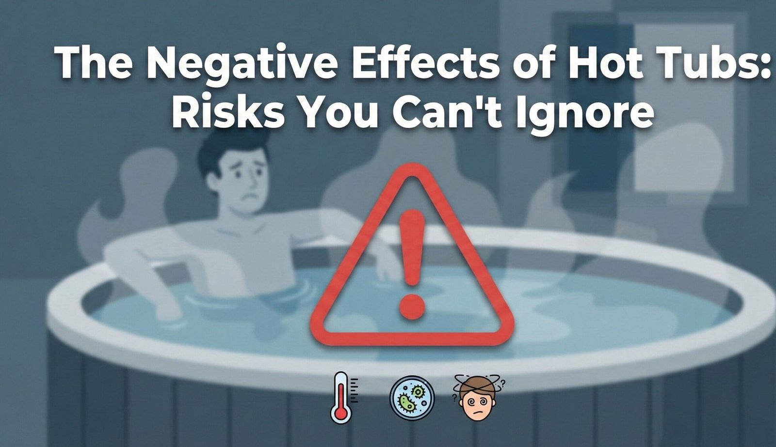 Warning sign next to a misty hot tub at night