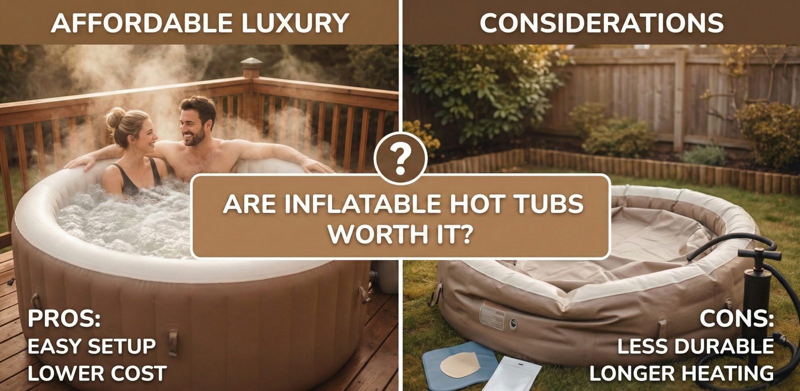 Couple relaxing in an inflatable hot tub at sunset