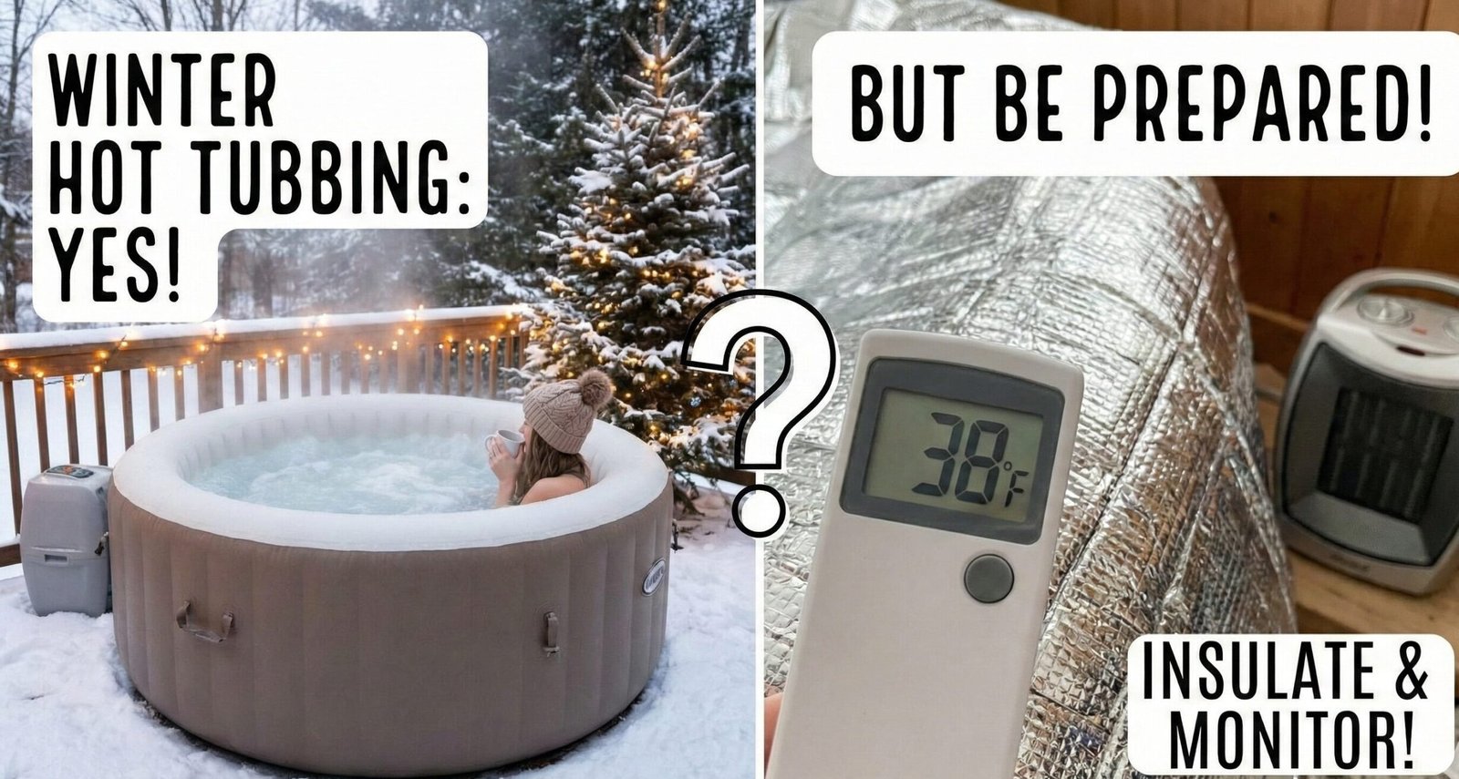 Inflatable hot tub used in winter surrounded by snow