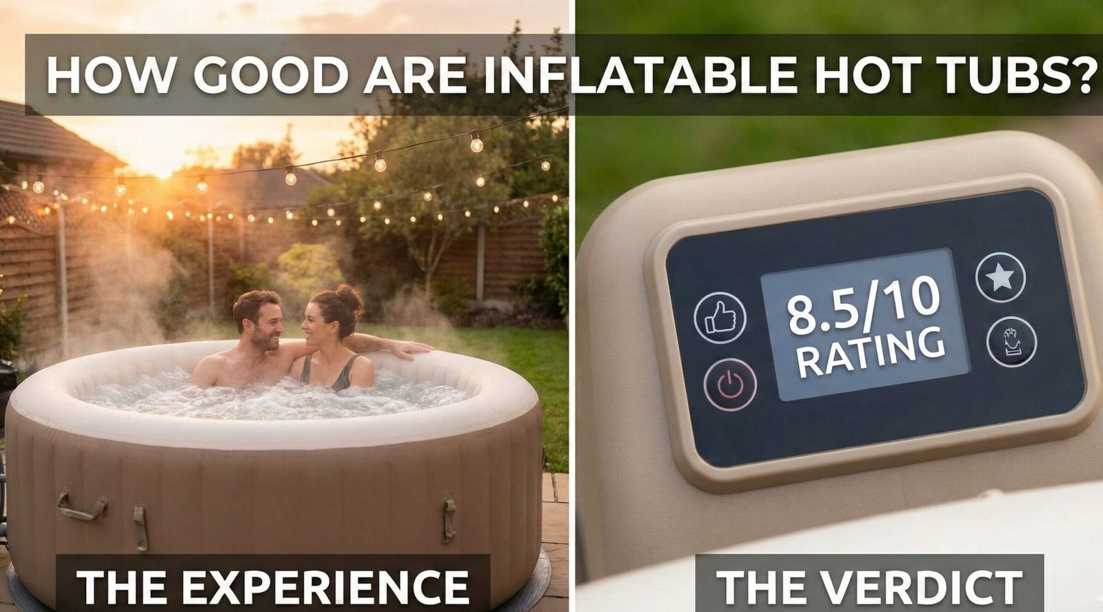 Couple relaxing in an inflatable hot tub at sunset