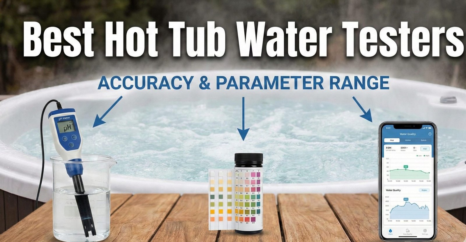 A person holding a water test strip up to the color chart on the bottle, with a clean hot tub in the background.