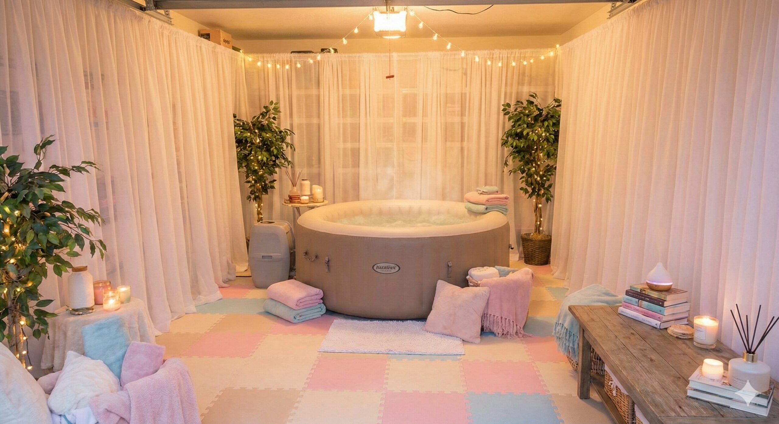 Cozy garage corner with curtains and rugs
