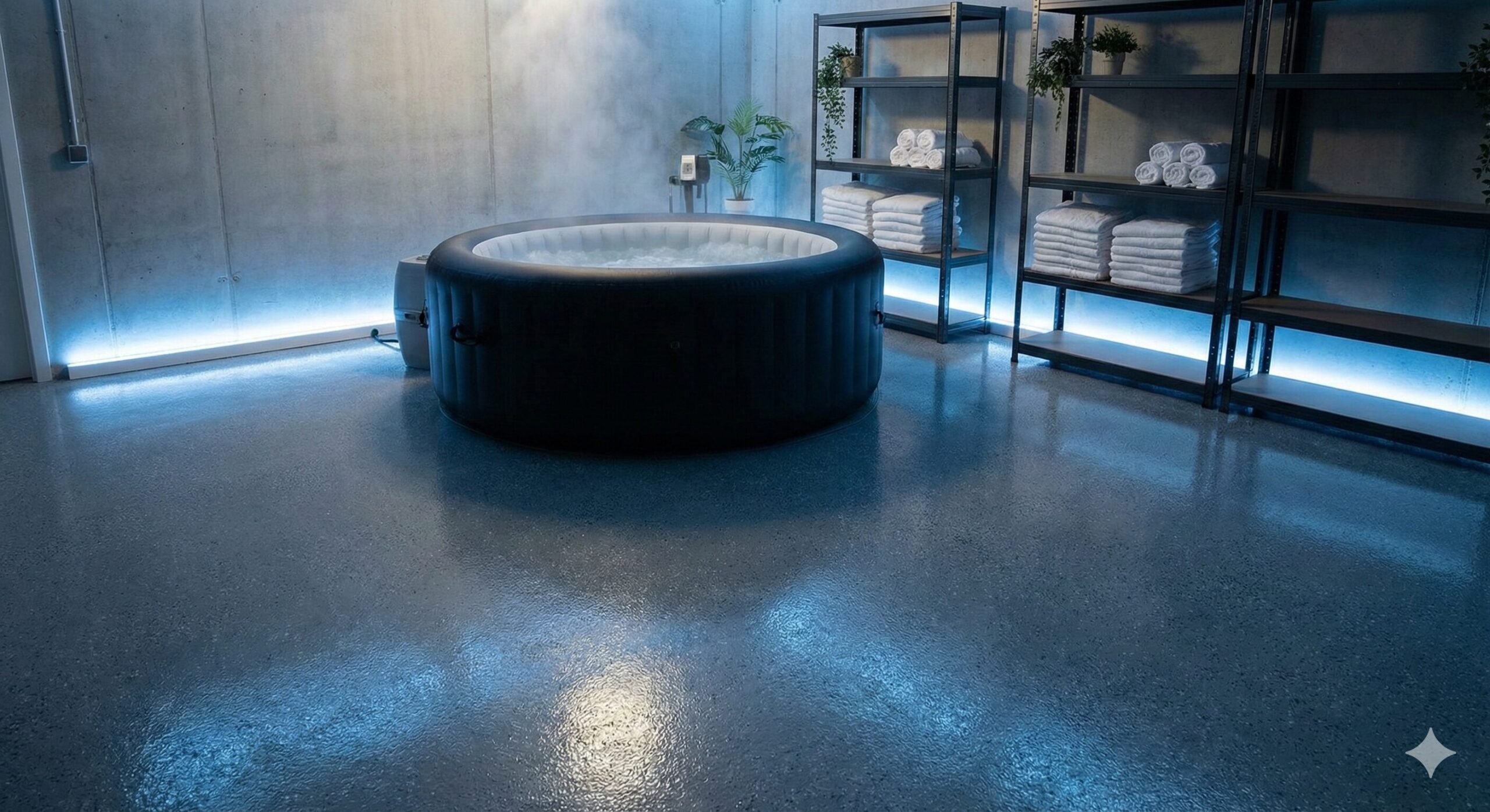 Industrial minimalist garage interior with spa