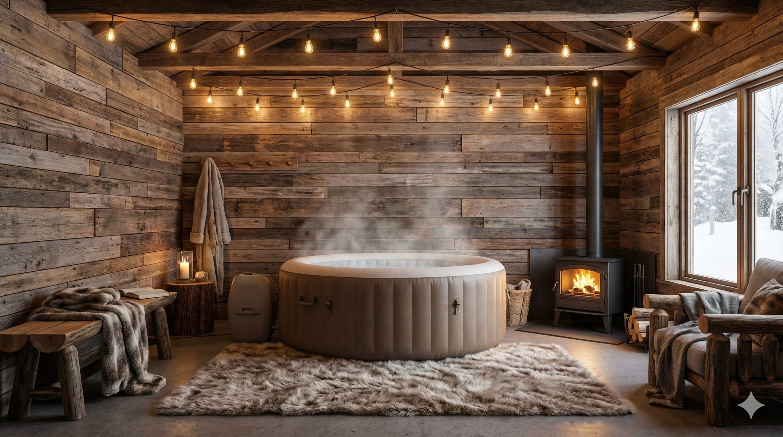 Rustic garage with wood paneling and hot tub