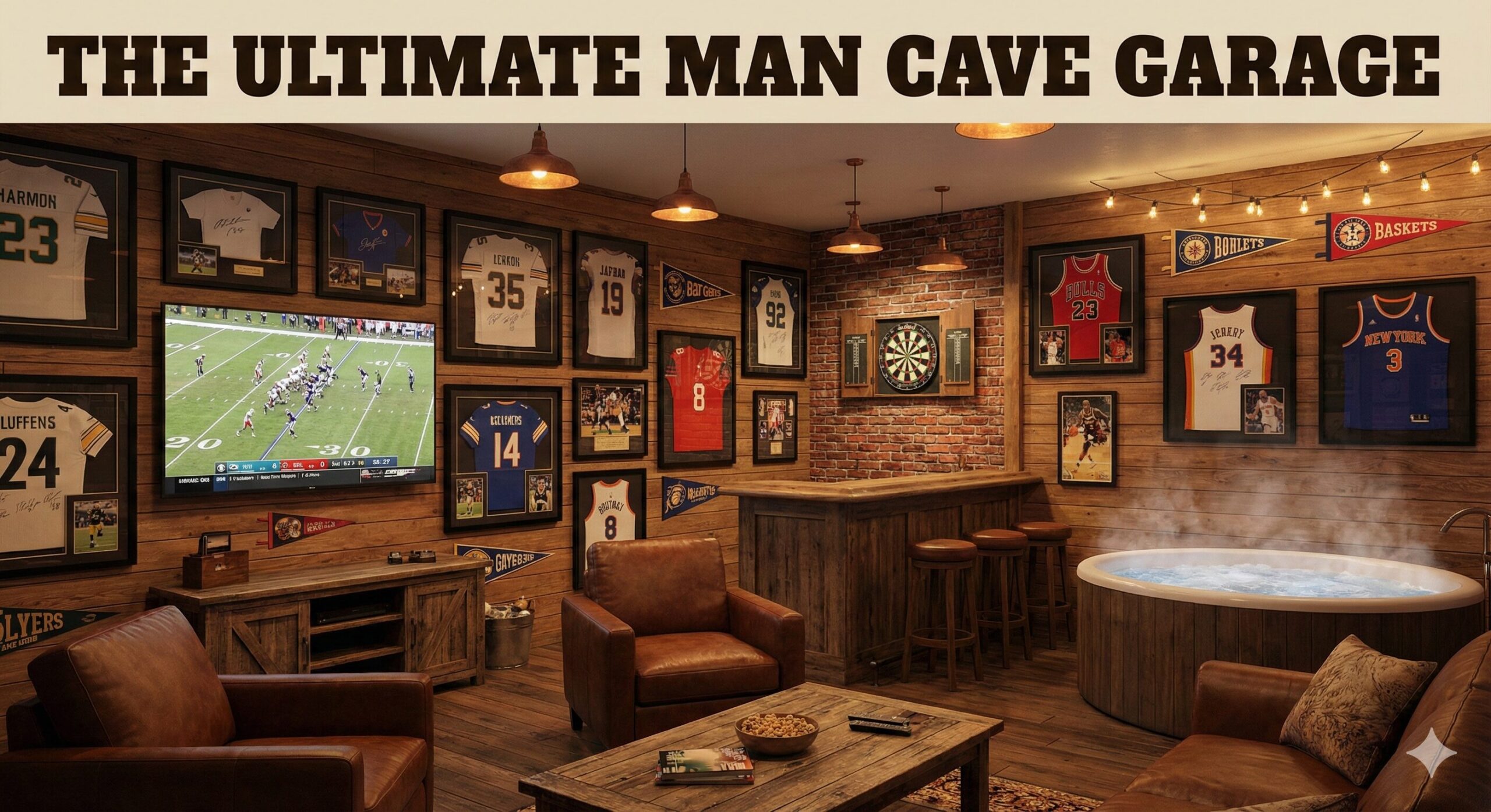 Sports memorabilia on garage walls