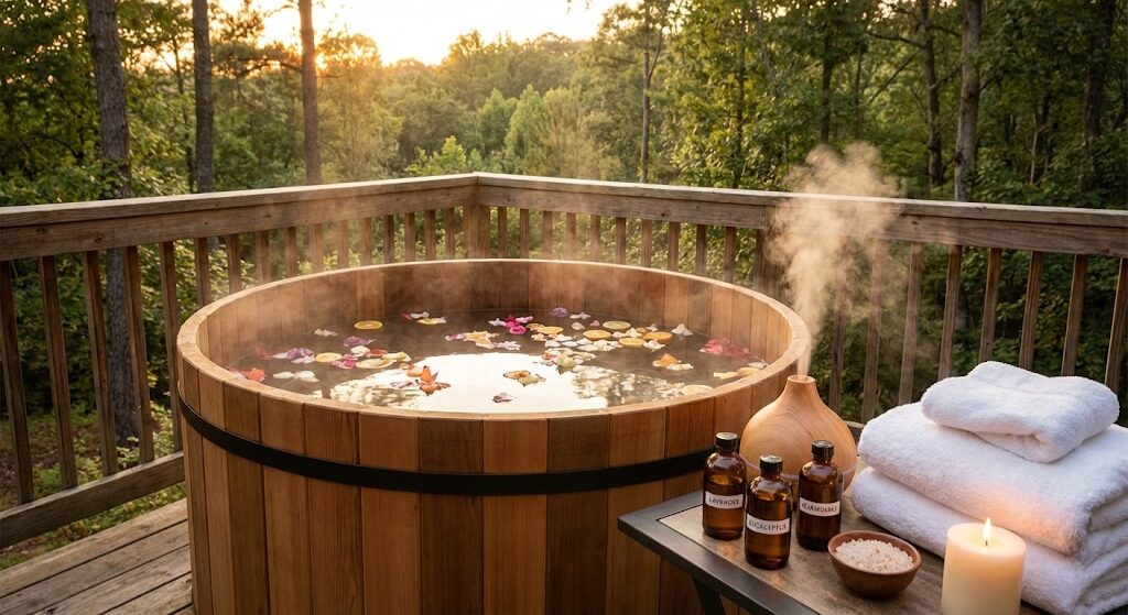 Relaxing hot tub with aromatherapy essential oils and towels nearby