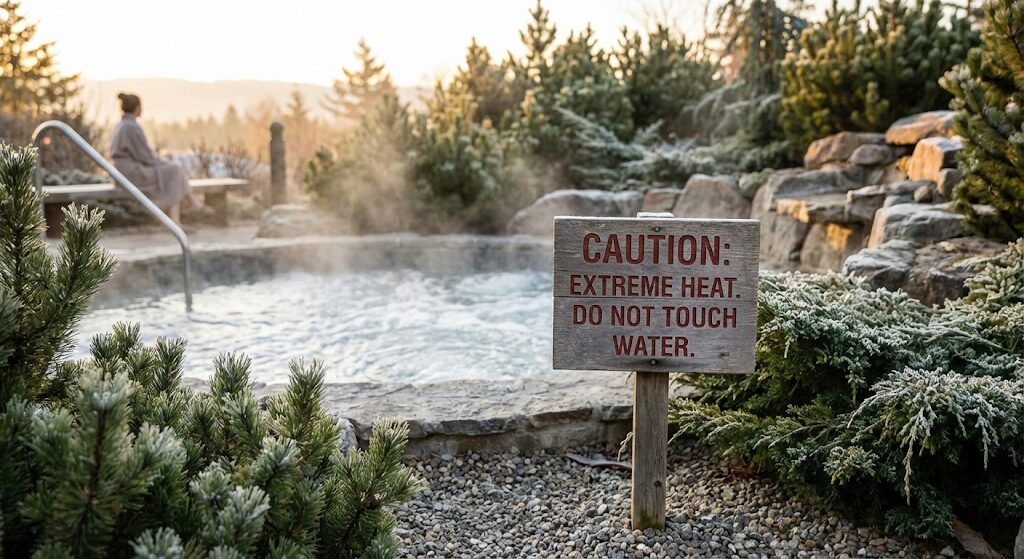 Warning sign near a peaceful but hot steaming outdoor spa