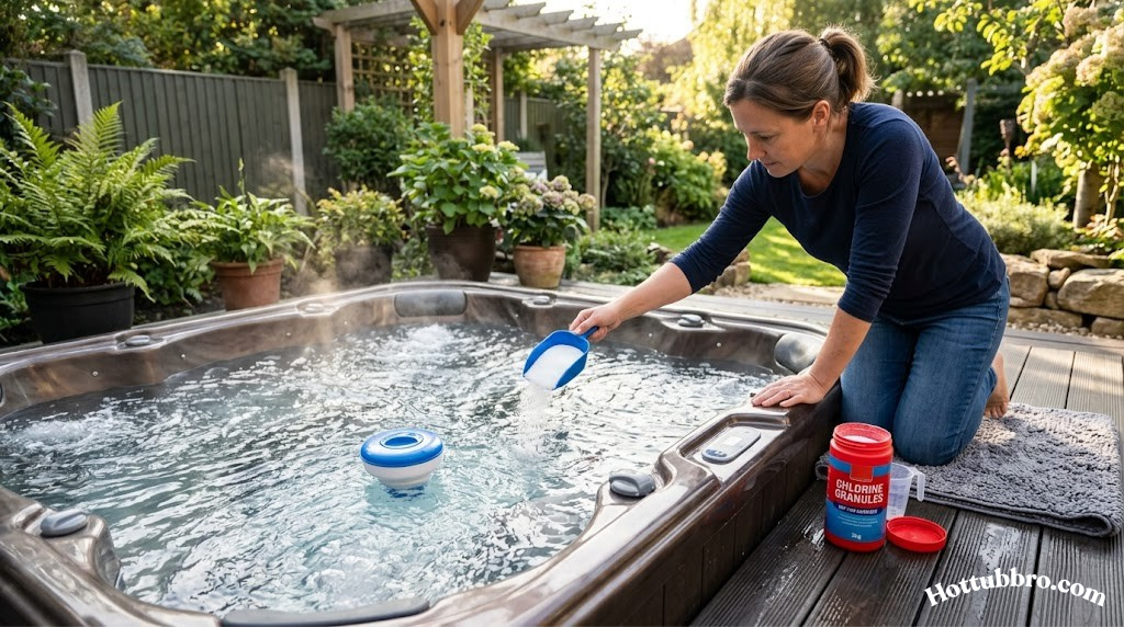 Chlorine granules being added to a hot tub alongside a tablet floater