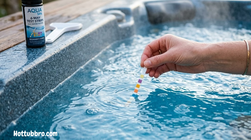 Close-up of a hand dropping a test strip into clear blue hot tub water — beginner water chemistry testing