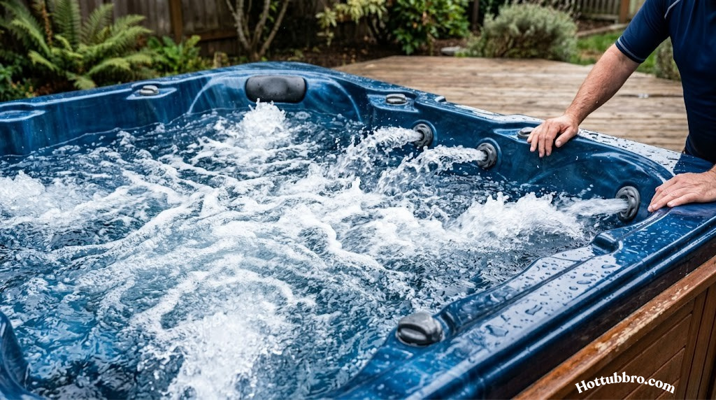 Close-up of a well-maintained used hot tub being wet-tested with jets running