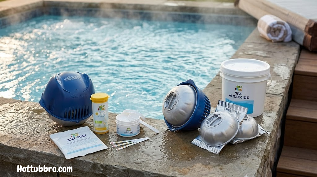 Frog @ease cartridge system next to hot tub water chemistry supplies