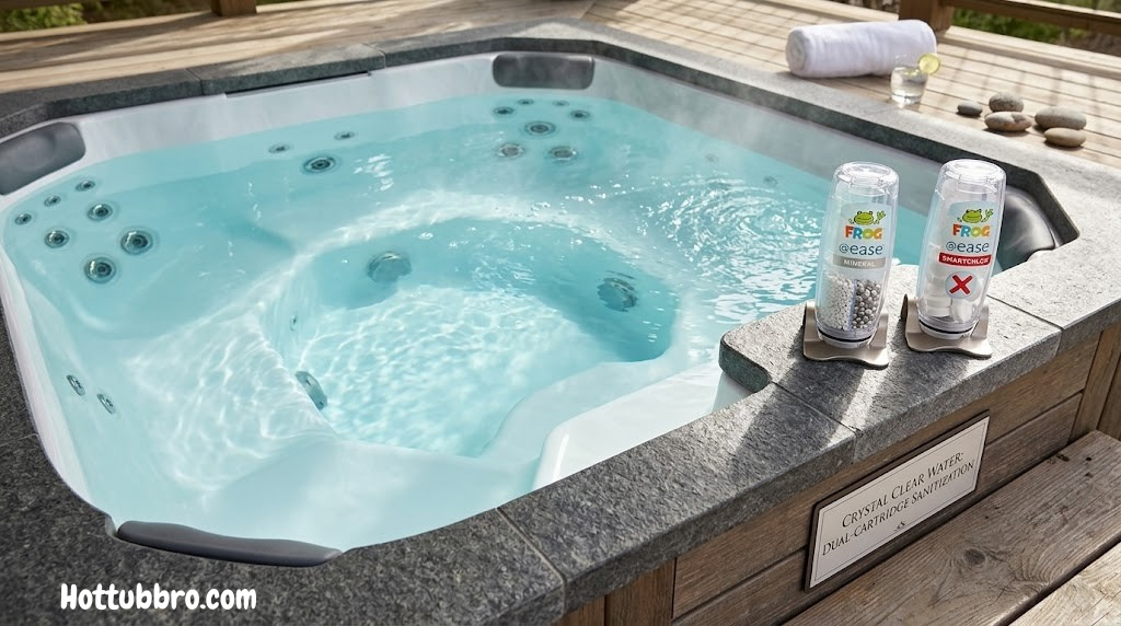 Hot tub with crystal clear water showing two sanitization method cartridges