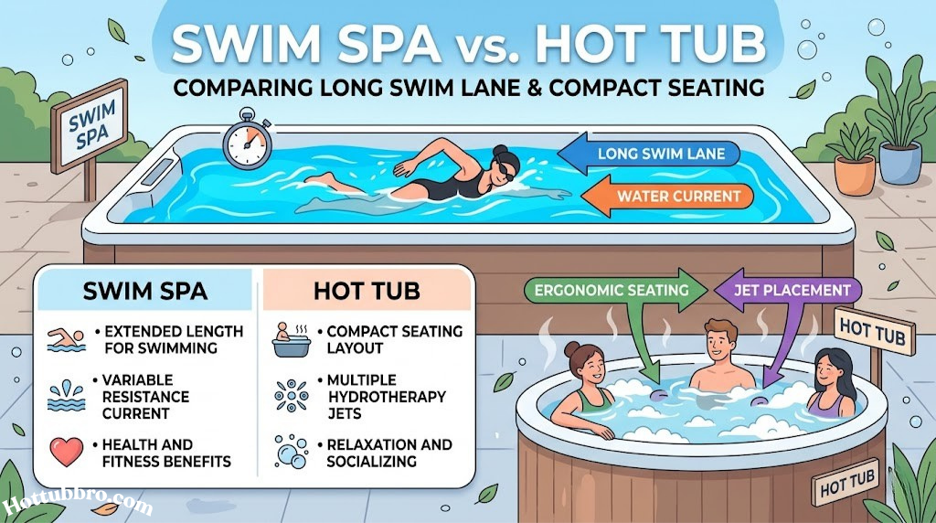 Illustration comparing the long swim lane of a swim spa with the compact seating layout of a hot tub