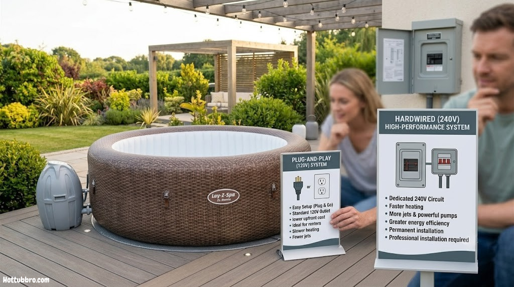Person comparing specifications of plug-and-play and 240V hardwired hot tubs