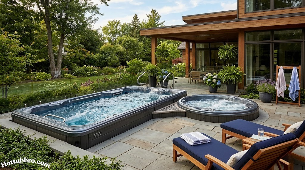 Side-by-side outdoor swim spa and hot tub on a backyard patio
