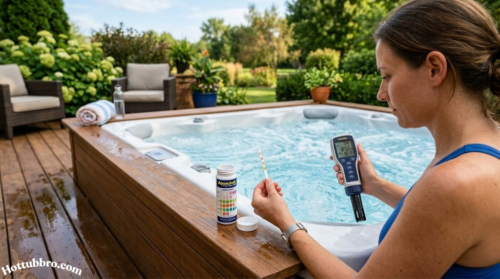 Testing hot tub water with strips and digital meter