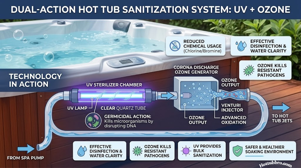 UV and ozone sanitizer systems installed on a hot tub plumbing line