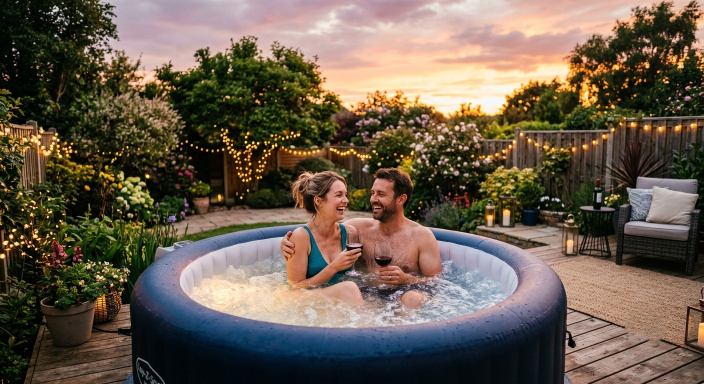 A smiling couple relaxing in an inflatable hot tub in their backyard at sunset.